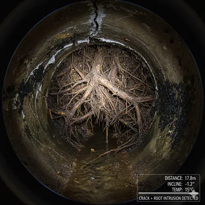 Damaged sewer lateral pipe with tree root entry before CIPP lining